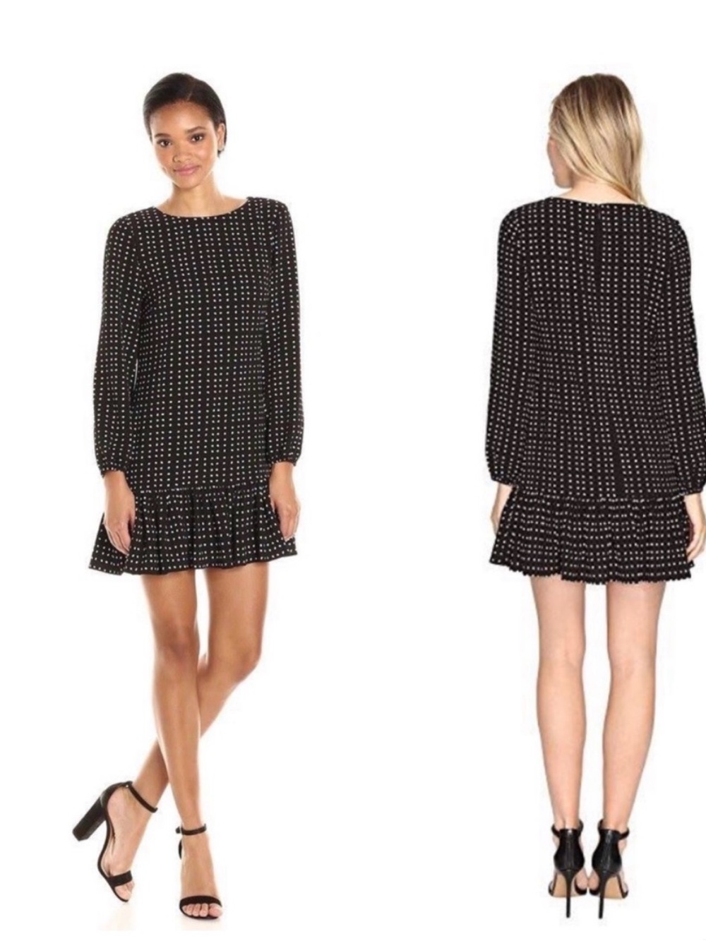 Tahari Black Polka Dot Long-Sleeve Ruffle Hem Mini Dress